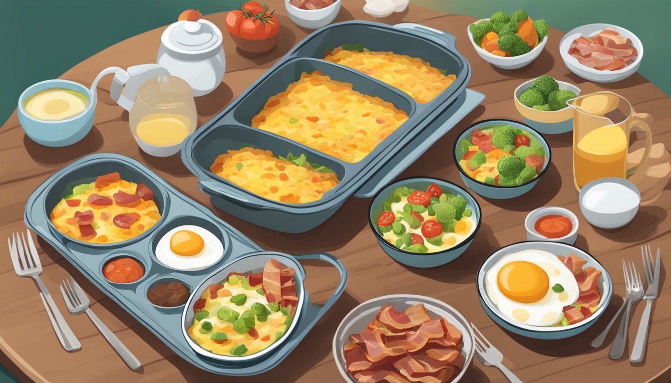 A table set with keto breakfast casseroles, eggs, bacon, and vegetables