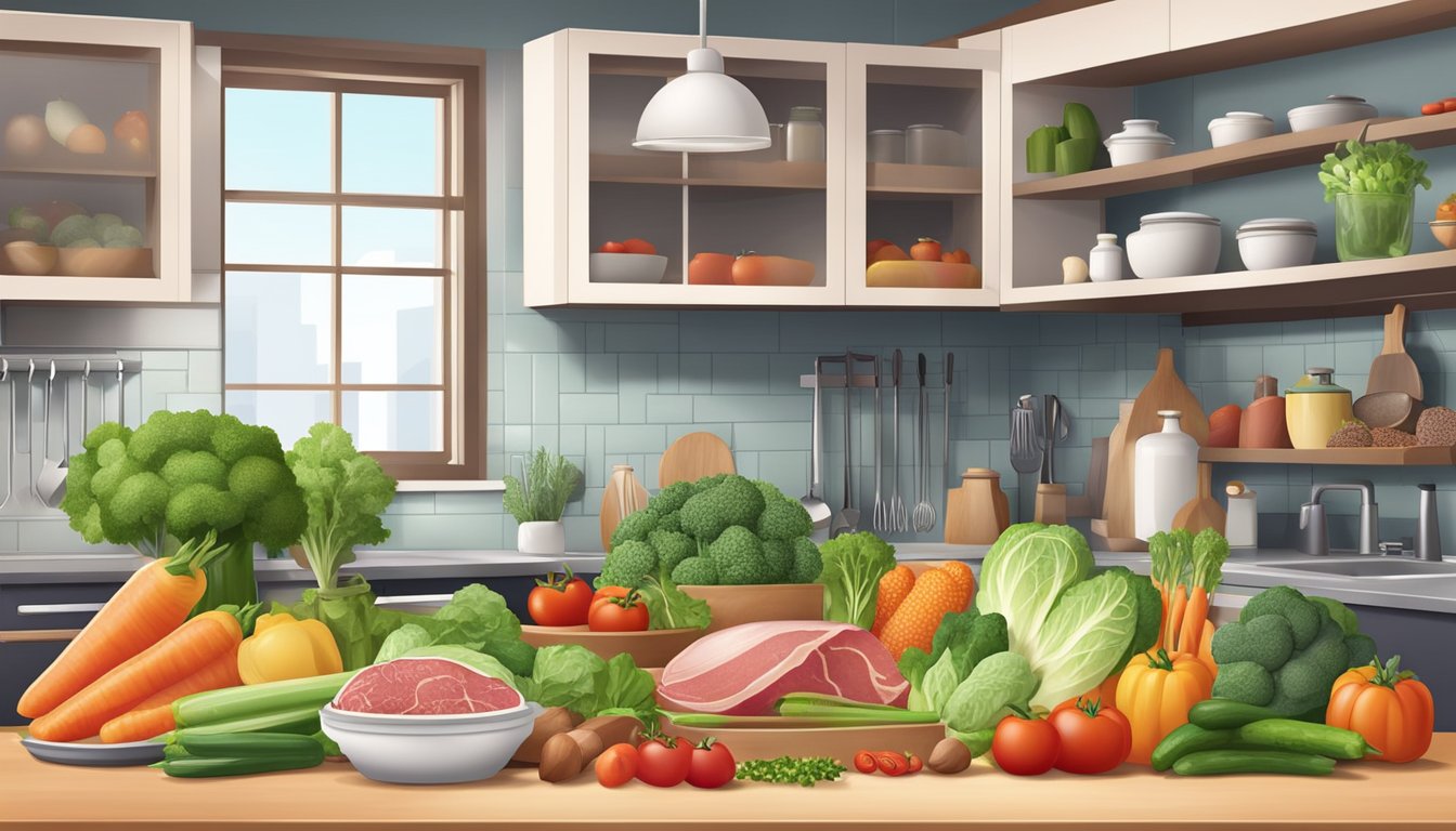 A kitchen counter with a variety of fresh vegetables, lean meats, and healthy fats arranged in an organized and visually appealing manner