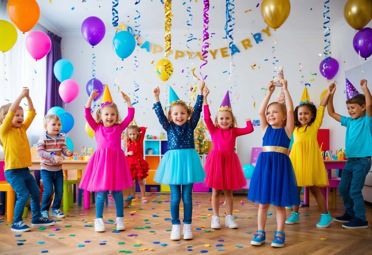 Kinder-Neujahrsparty: Bunte Dekorationen, Ballons, Konfetti und Luftschlangen füllen den Raum. Kinder spielen Spiele, tanzen und genießen festliche Leckereien.
