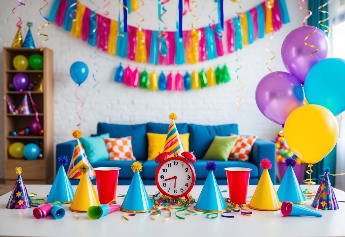Ein festliches Wohnzimmer mit bunten Dekorationen, Luftballons, Girlanden und einem Tisch, der mit Partykappen, Lärm machenden Spielzeugen und einer Countdown-Uhr gedeckt ist.