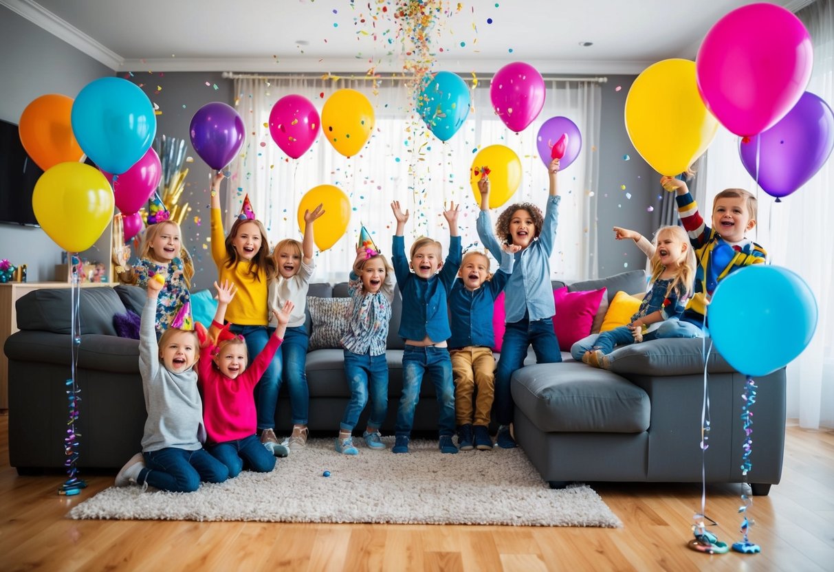 Ein festlicher Wohnraum mit bunten Luftballons, Konfetti und glitzernden Dekorationen, gefüllt mit fröhlichen Kindern und ihren Familien, die Silvester feiern.