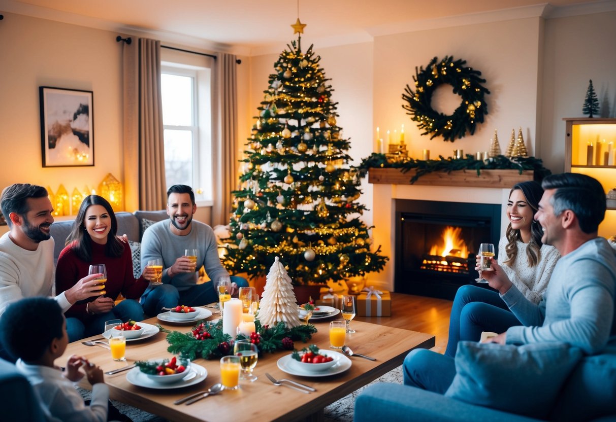 Ein gemütliches Wohnzimmer mit warmem Licht, einem knisternden Kamin und einem schön dekorierten Weihnachtsbaum. Ein Tisch ist festlich mit Geschirr und Getränken gedeckt, während Freunde und Familie sich versammeln, lachen und die Gesellschaft des anderen genießen.