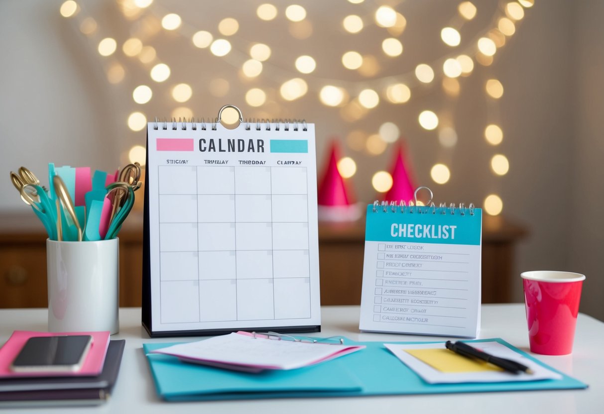 Ein ordentlich organisierter Schreibtisch mit einem Kalender, einer Checkliste und Partydekorationen