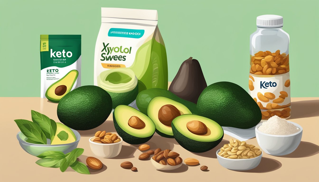 A table with keto-friendly foods like avocados, nuts, and vegetables, alongside a bag of xylitol sweetener