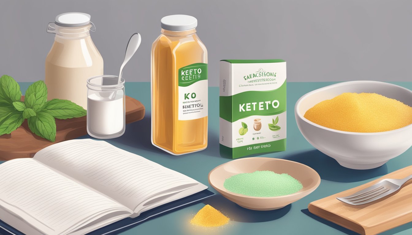 A kitchen counter with keto-friendly sweeteners like xylitol, stevia, and erythritol next to a cookbook open to a page on keto desserts