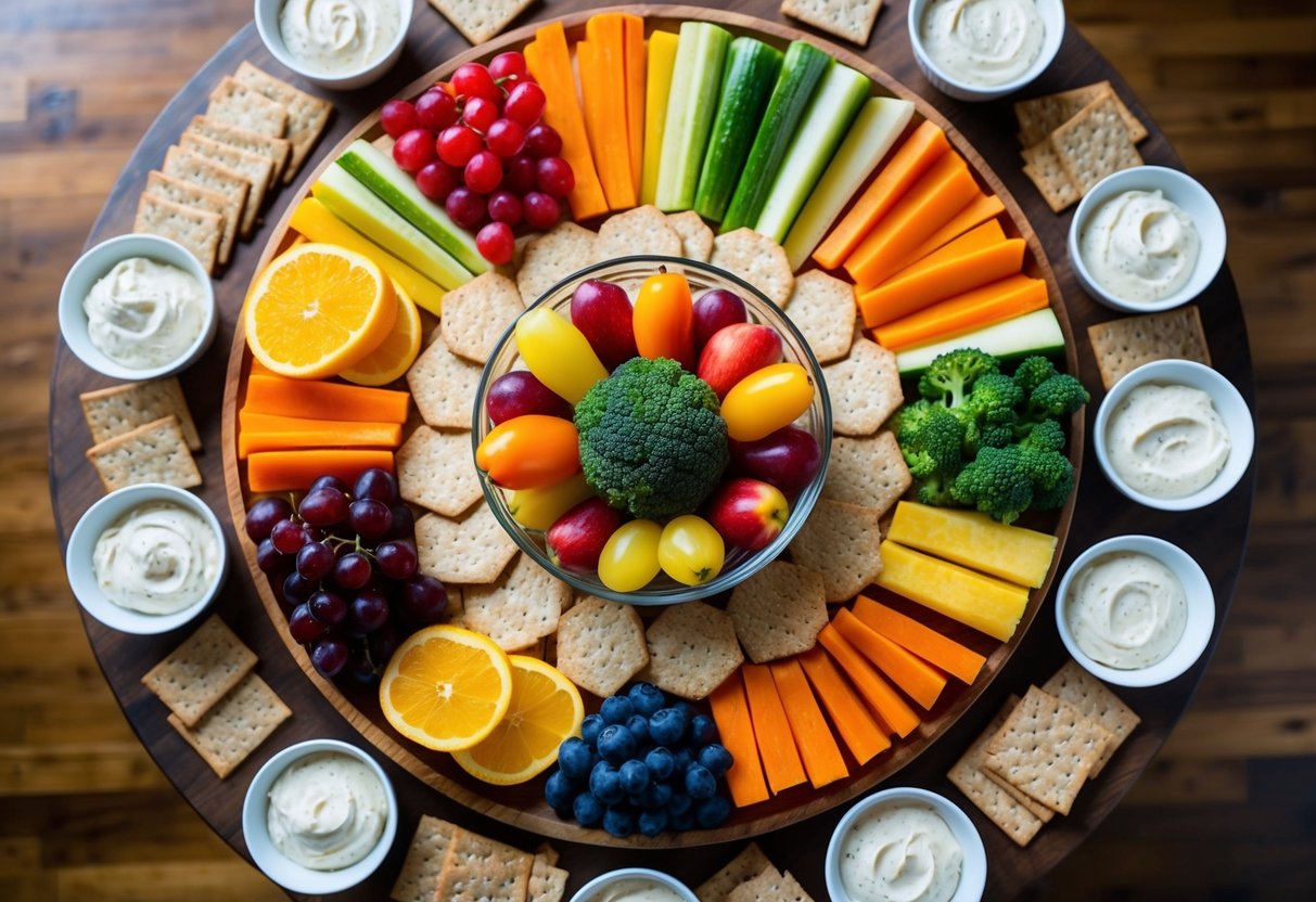 Eine bunte Auswahl an frischen Früchten, Gemüse und Vollkorncrackern, die auf einem Holztablett angeordnet sind, umgeben von kleinen Schalen mit Hummus und Joghurt-Dip