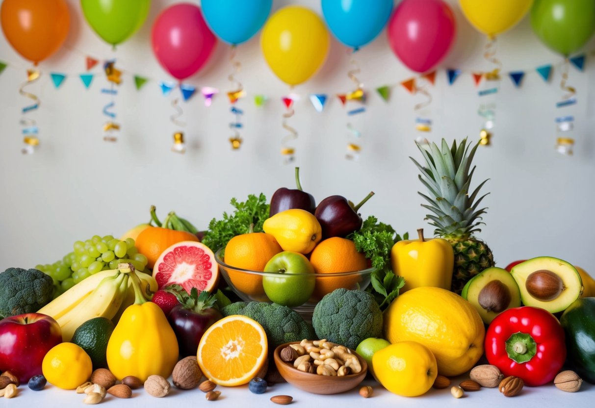 Ein Tisch, der mit bunten und frischen Früchten, Gemüse und Nüssen gefüllt ist, umgeben von fröhlichen Partydekorationen.