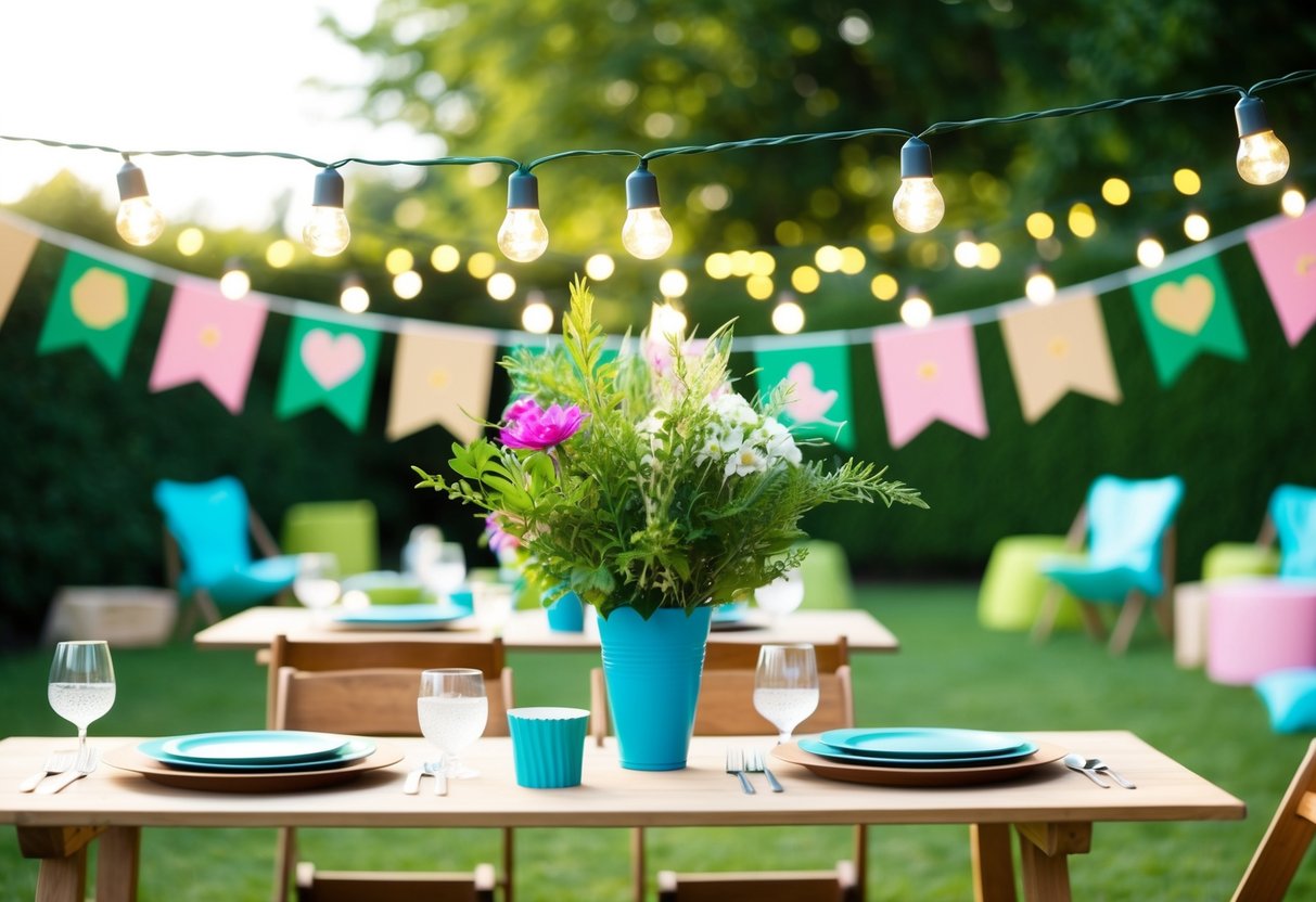 Eine Gartenparty mit solarbetriebenen Lichterketten, Dekorationen aus recyceltem Papier und biologisch abbaubarem Geschirr