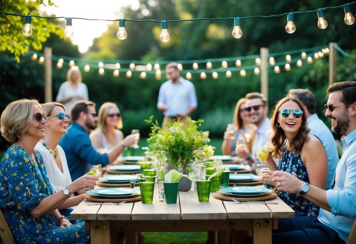 Eine Gartenparty mit solarbetriebenen Lichtern, recycelbaren Dekorationen und kompostierbarem Geschirr. Die Gäste genießen die nachhaltige Atmosphäre.