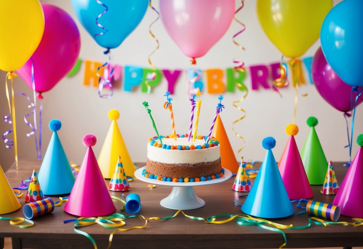 Ein Tisch mit bunten Partydekorationen, Luftballons, Girlanden und einem Kuchen, umgeben von Partyhüten und Lärminstrumenten.
