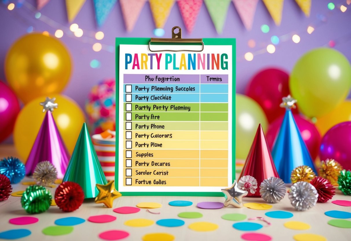 Eine bunte Checkliste mit verschiedenen Partyplanungsartikeln, umgeben von festlichen Dekorationen und Partybedarf.