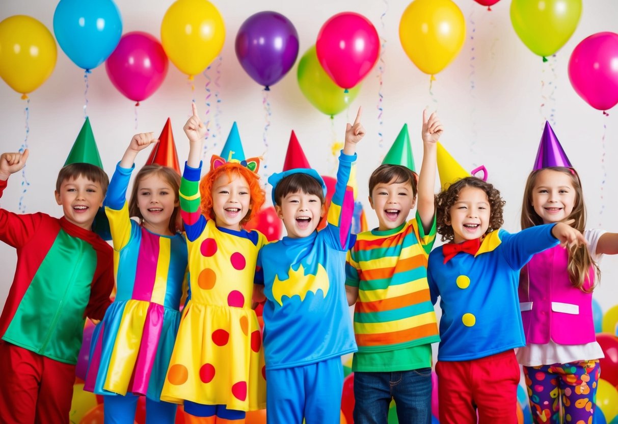 Eine Gruppe von Kindern auf einer lebhaften Kostümparty, die bunte und kreative Outfits tragen, umgeben von Luftballons, Girlanden und Partydekorationen.