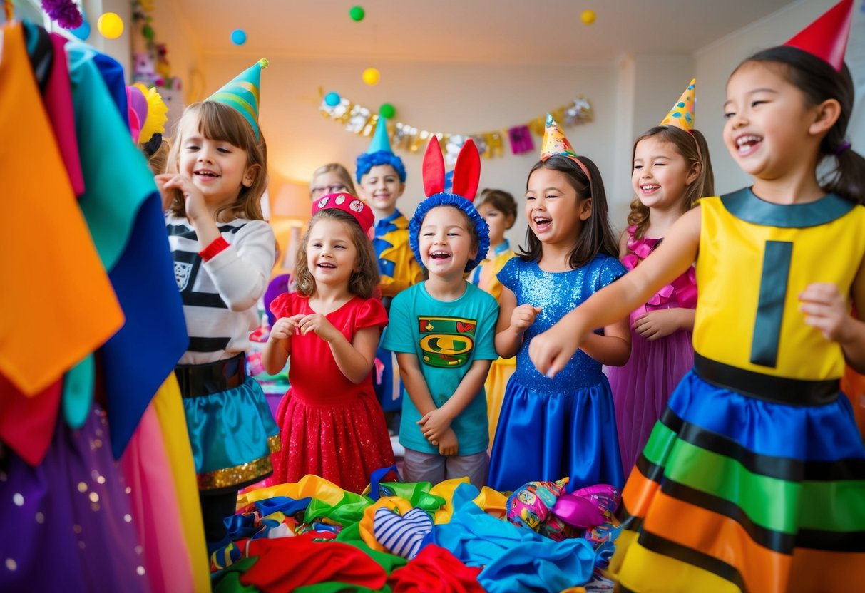Kinder auf einer Party, die verschiedene Kostüme anprobieren, umgeben von bunten Stoffen und Accessoires. Lachen und Aufregung erfüllen den Raum, während sie mit verschiedenen Looks experimentieren.