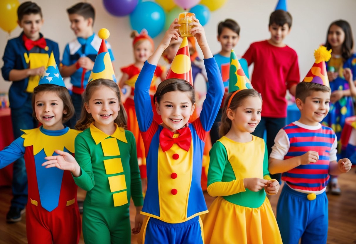 Eine Gruppe von Kindern auf einer Themenparty, die bunte Kostüme tragen und Spiele spielen.