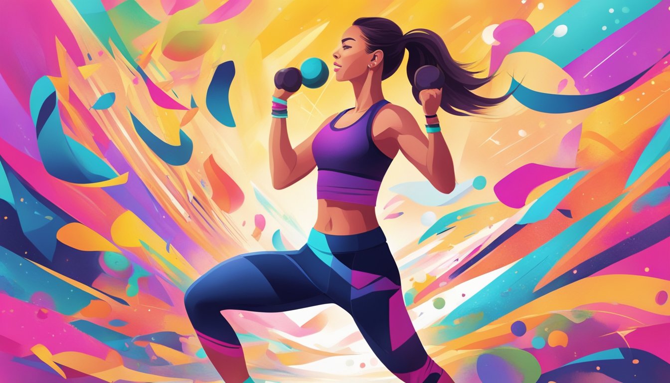 A person doing a high-energy zumba routine while following a keto diet, surrounded by energetic music, colorful workout gear, and a feeling of determination and focus