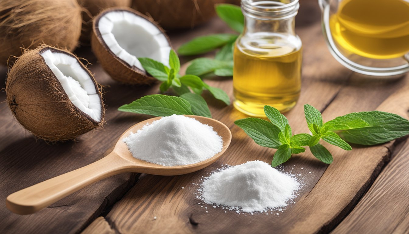 A keto-friendly spread of sweeteners: stevia, erythritol, and xylitol, with a measuring spoon and a pile of coconut flour on a wooden table