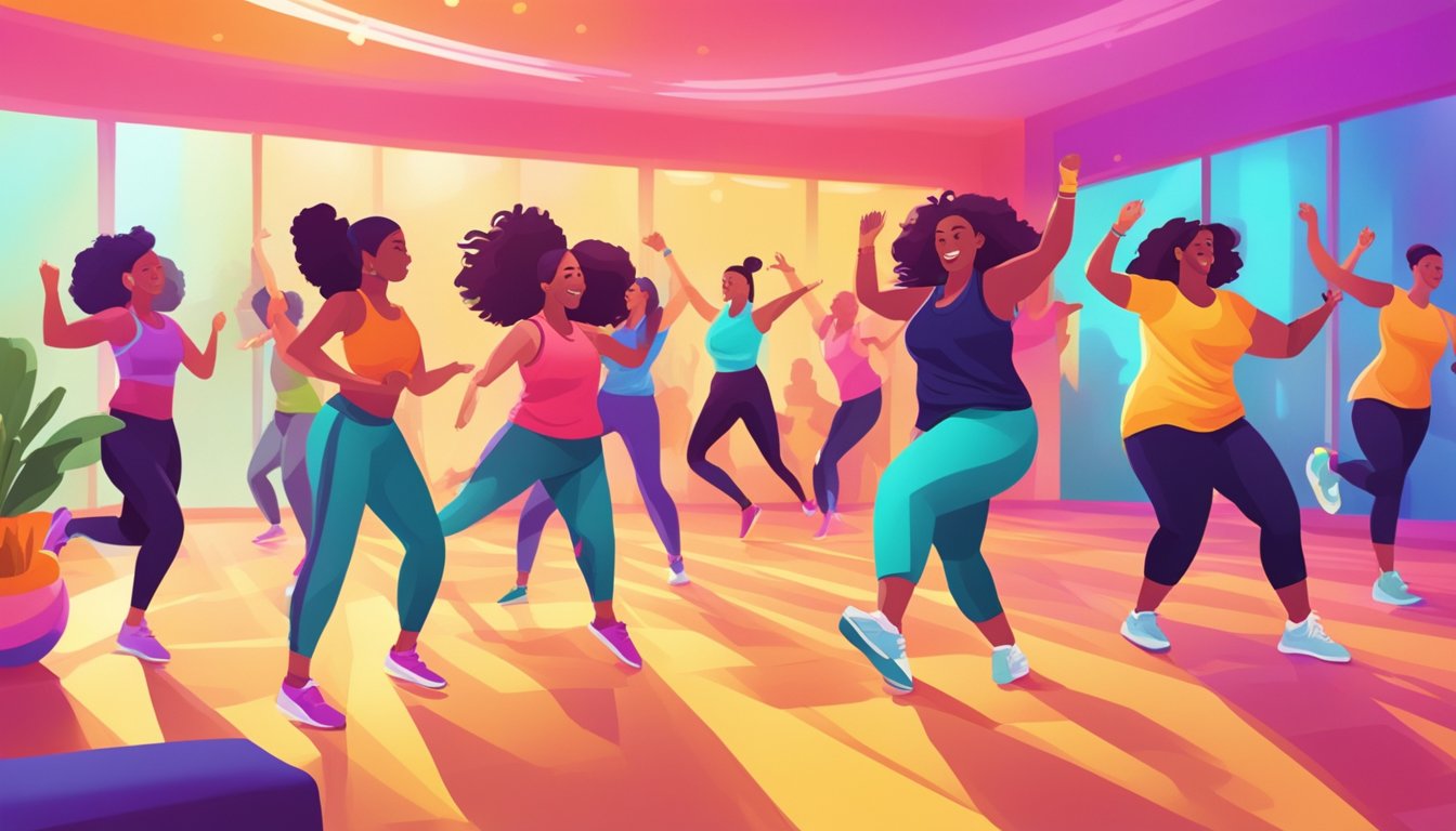 A vibrant Zumba class with participants following a keto diet, dancing energetically to upbeat music in a lively, colorful studio