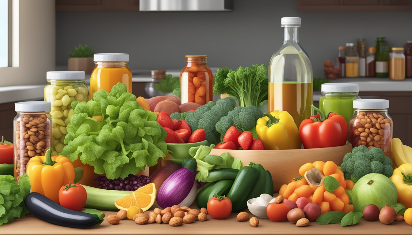 A colorful array of fresh vegetables and fruits, along with lean meats and nuts, are arranged on a kitchen counter, surrounded by bottles of supplements and vitamins