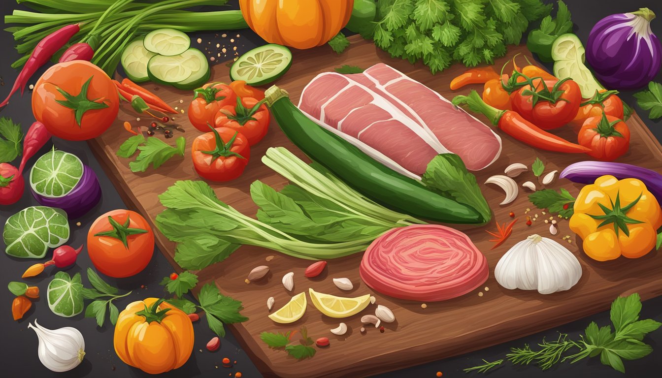 A vibrant array of fresh vegetables and lean meats arranged on a wooden cutting board, surrounded by colorful spices and herbs