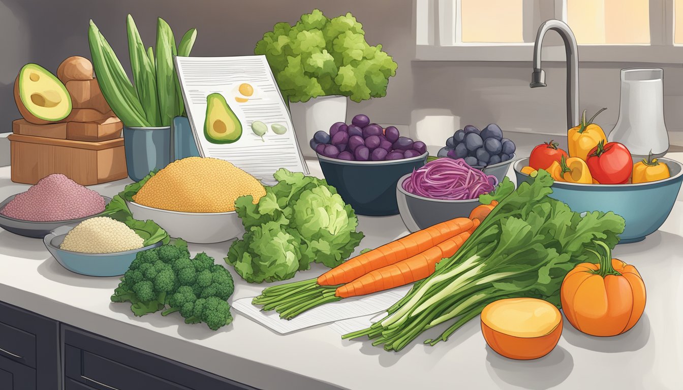 A colorful array of fresh vegetables and lean proteins on a kitchen counter, with a cookbook open to a page about the keto diet and AIP