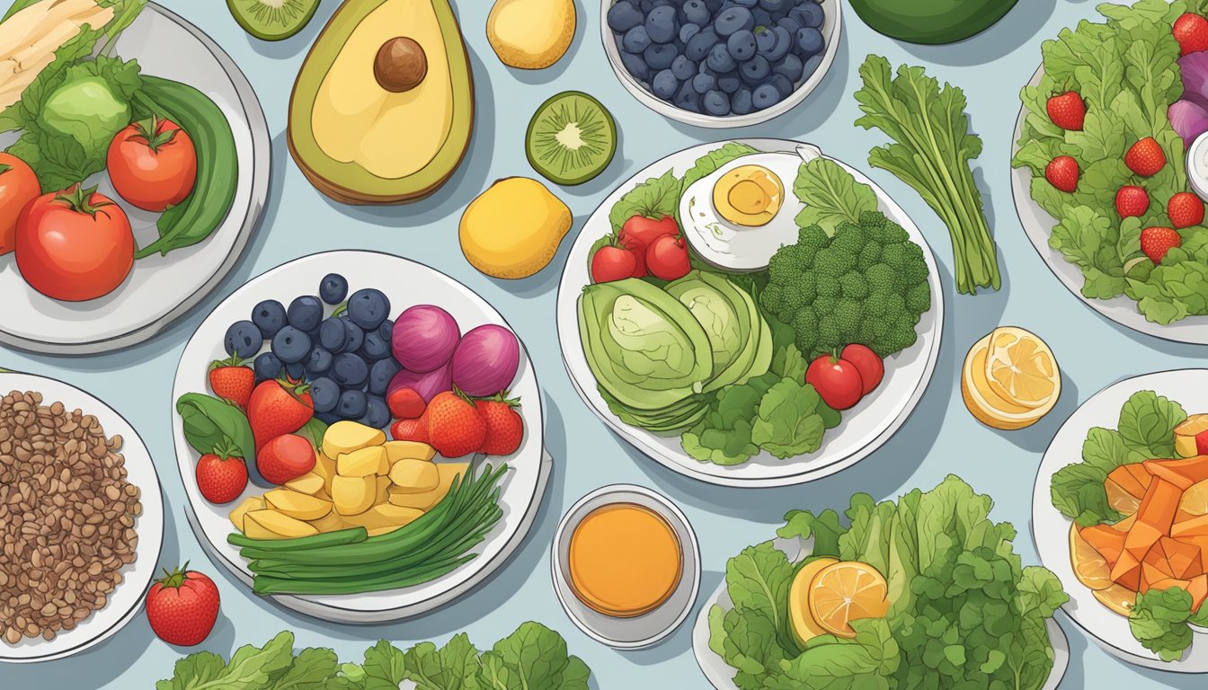 A table set with a variety of colorful, nutrient-dense foods, including vegetables, fruits, and lean proteins, with a focus on AIP and keto-friendly options