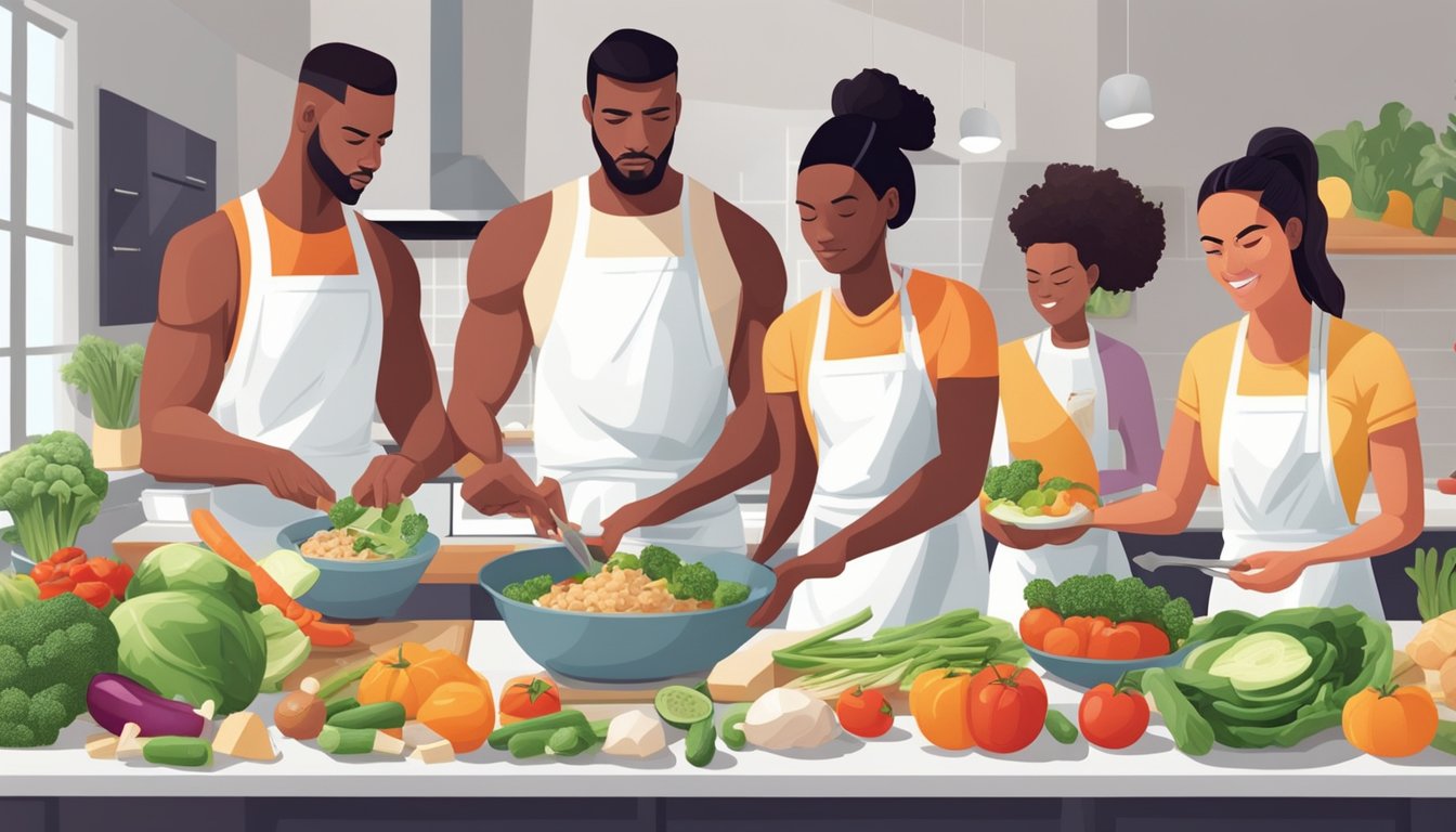 A group of vegetarian athletes preparing a variety of keto-friendly meals using fresh vegetables, tofu, and plant-based protein sources in a modern kitchen