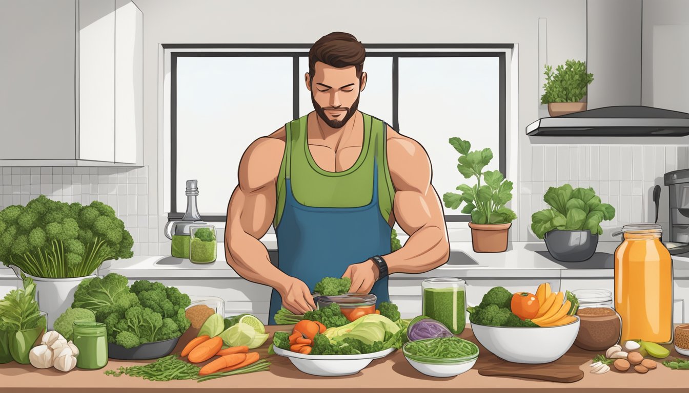 A vegetarian athlete preparing a balanced keto meal with a variety of plant-based foods and supplements