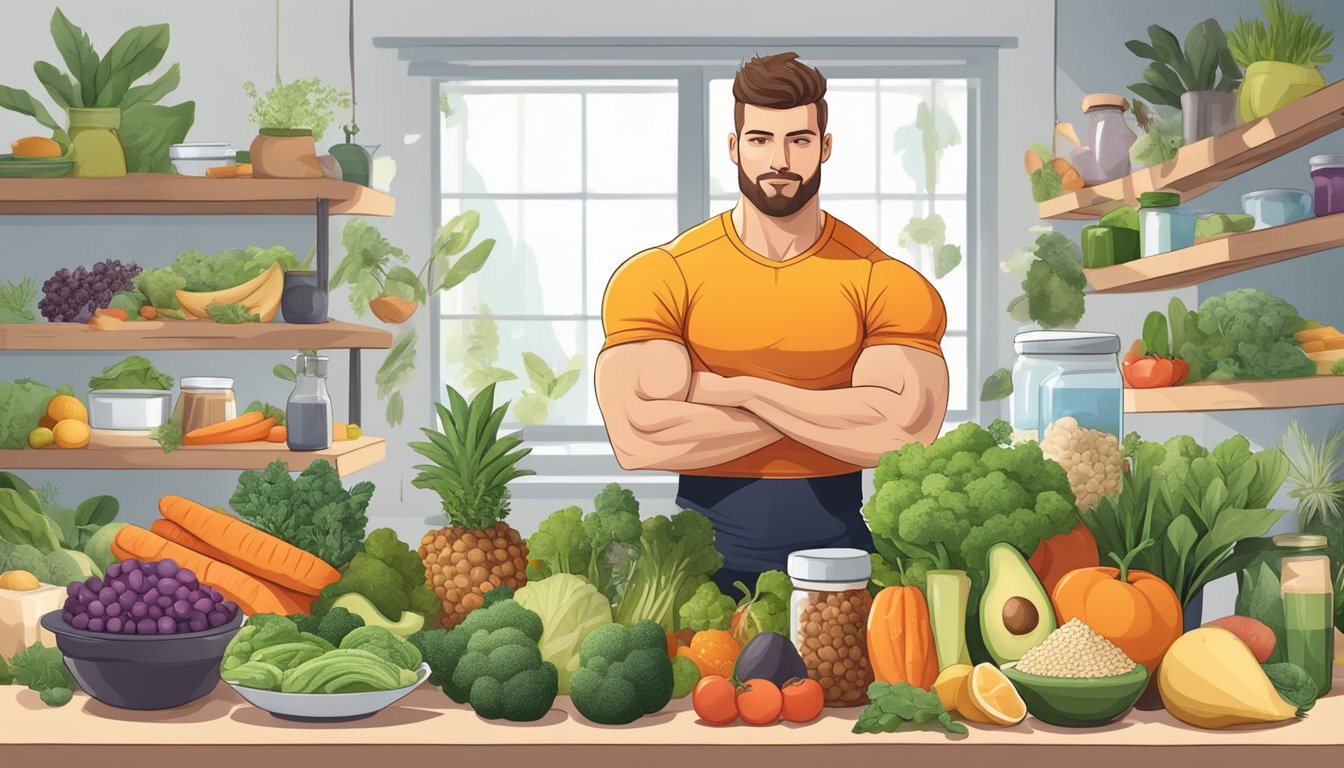 A vegetarian athlete on a keto diet lifting weights while surrounded by a variety of plant-based foods and supplements