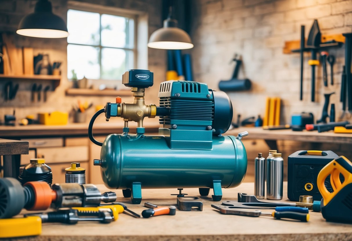 A variety of tools and projects surround a sturdy air compressor in a well-lit workshop