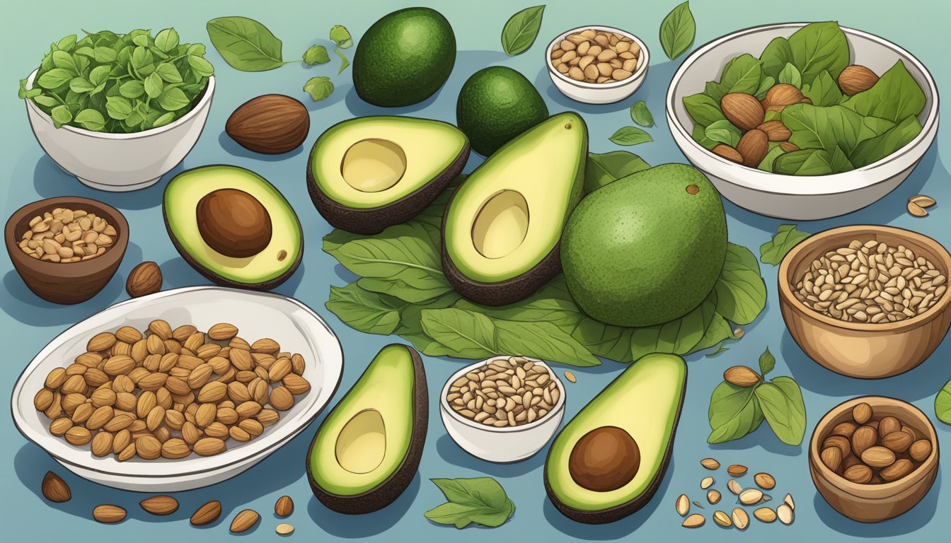 A table set with a variety of colorful, nutrient-dense foods: avocados, nuts, seeds, leafy greens, and plant-based protein sources