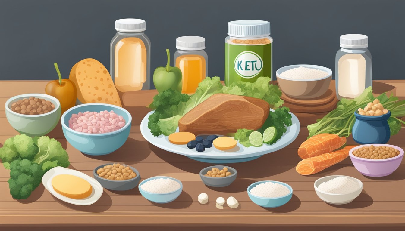 A table with keto-friendly foods and a jar of uric acid, surrounded by inflamed joints and gout medication