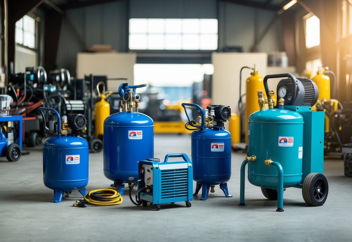An industrial setting with various types of air compressors, tools, and maintenance equipment. Different models and sizes are displayed, showcasing the variety available for different operational needs