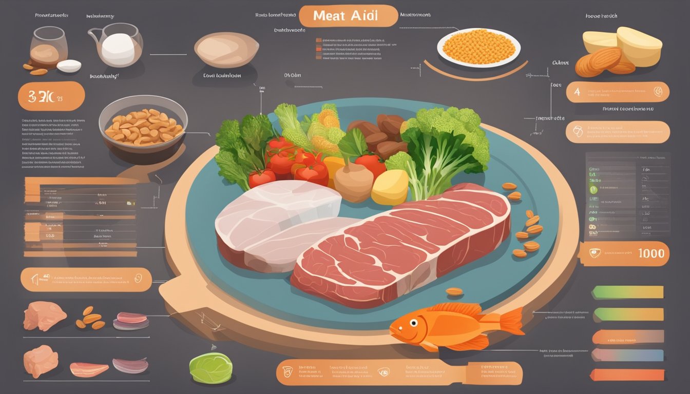 A table with various food items: meat, fish, nuts, and vegetables. A diagram showing uric acid levels in the body