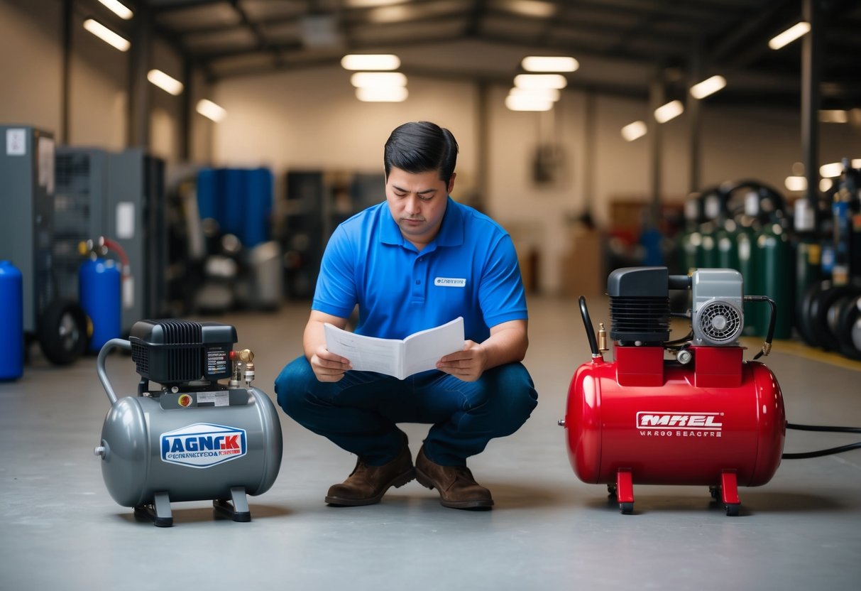 A person comparing air compressor brands and reading manufacturer support information