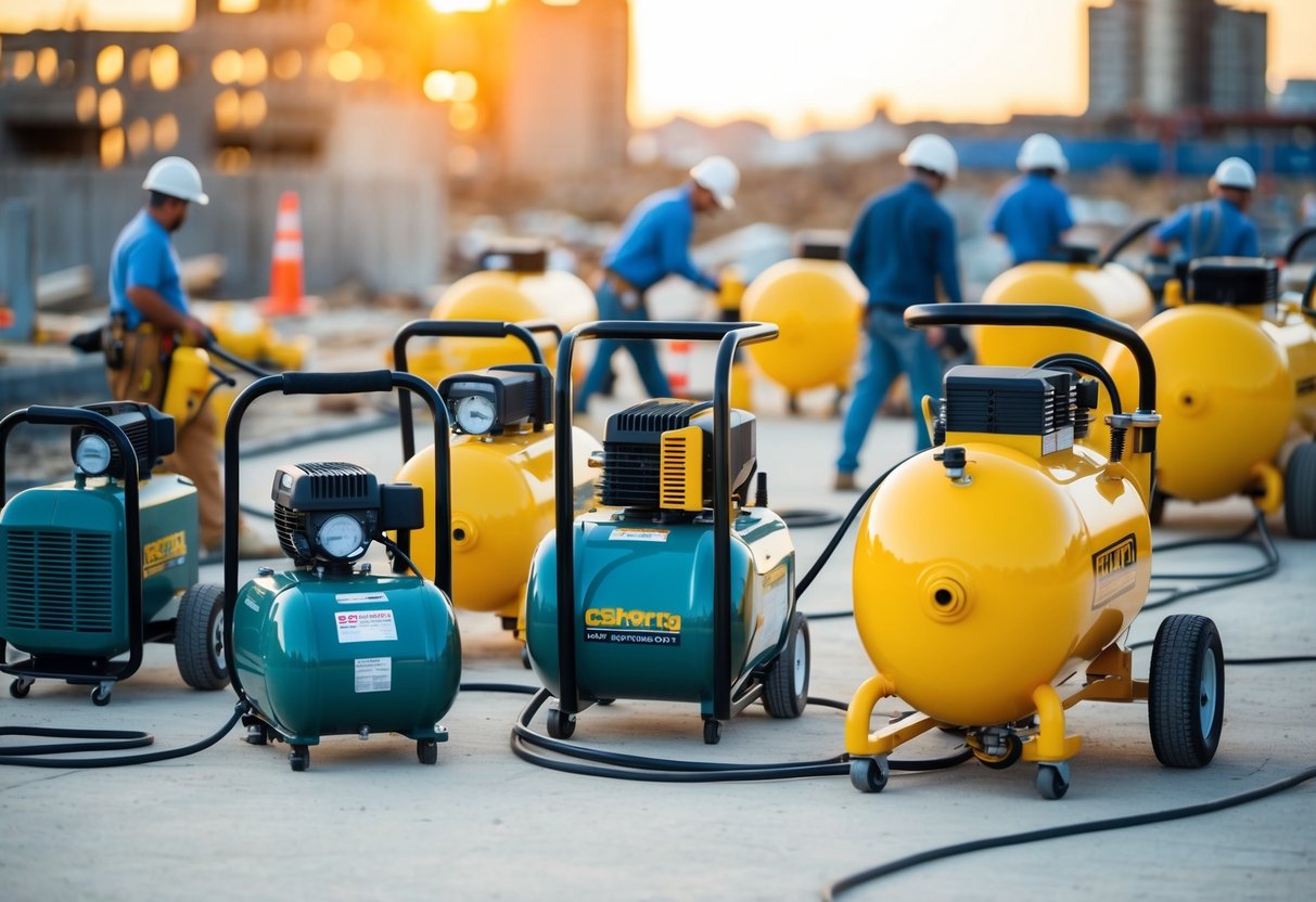 A busy construction site with workers using both portable and stationary air compressors to power their pneumatic tools