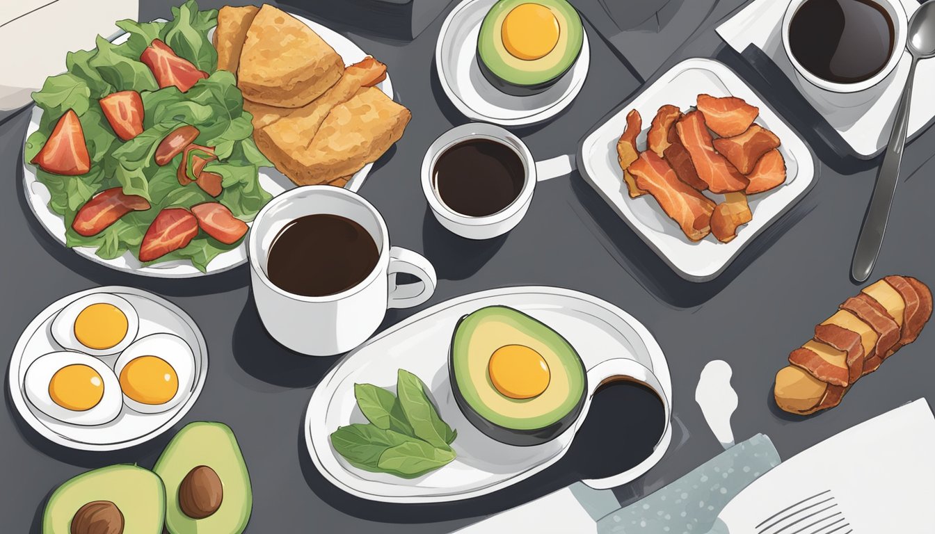 A person enjoying a cup of black coffee alongside a plate of keto-friendly foods, such as avocado, eggs, and bacon, before heading to the gym for a workout