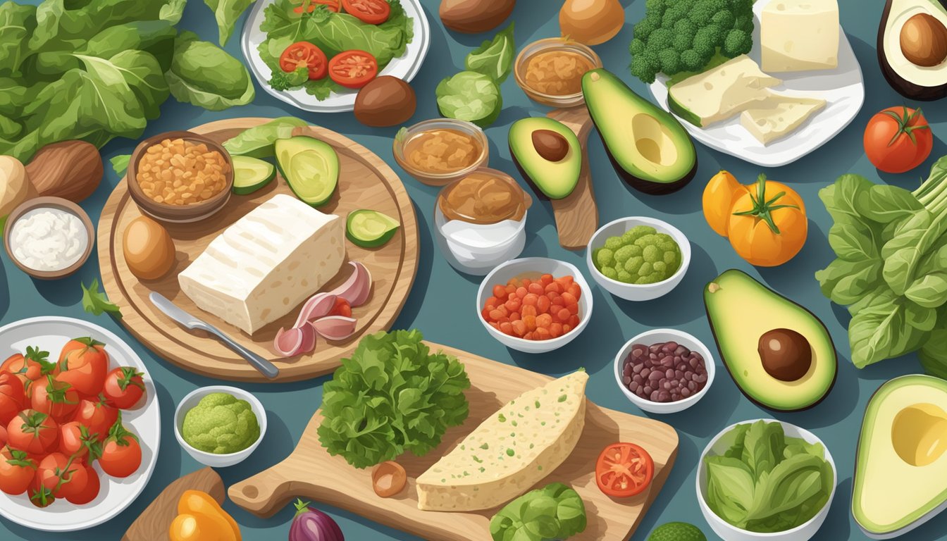 A table set with a variety of gluten-free, low-carb foods, including vegetables, meats, and dairy products, with a prominent focus on avocados and leafy greens