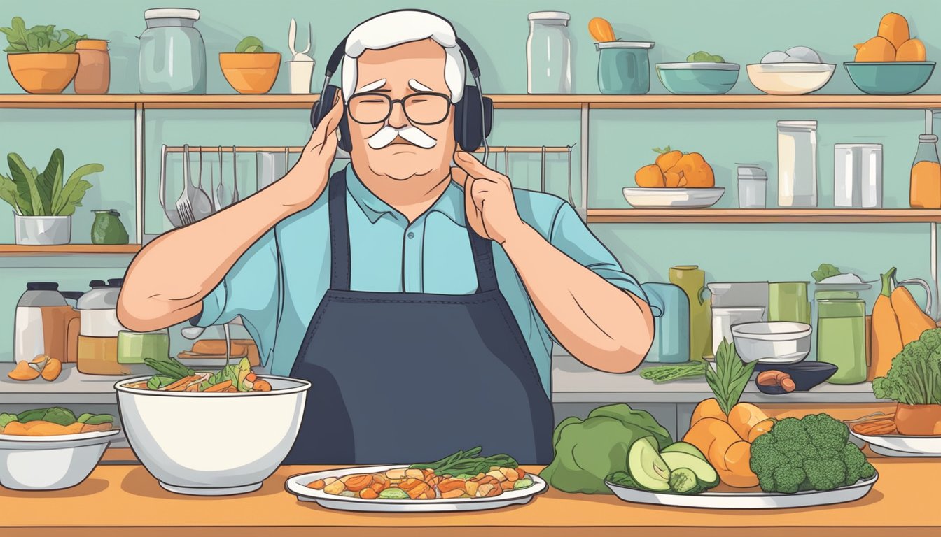 A person preparing a keto-friendly meal while holding their ears due to tinnitus