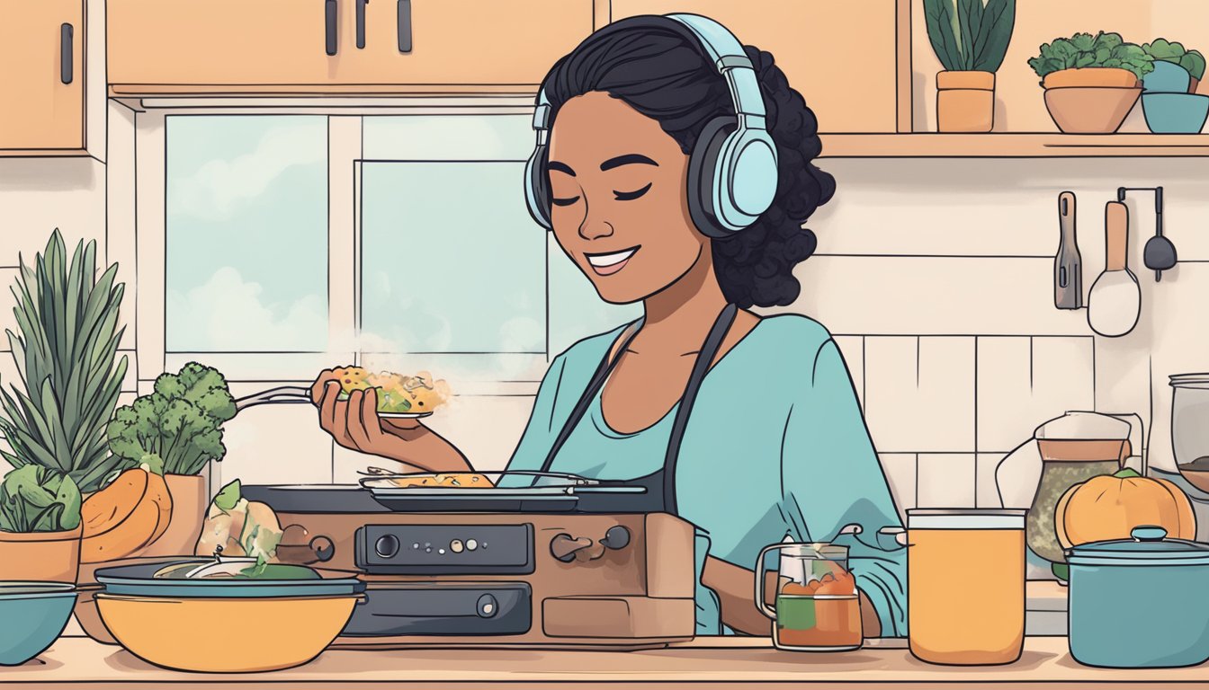 A person cooking keto-friendly meals while wearing noise-cancelling headphones