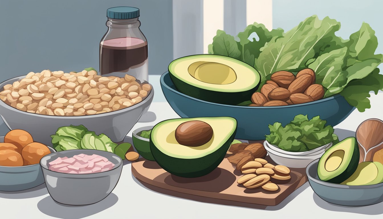 A table with a variety of keto-friendly foods, including leafy greens, avocados, nuts, and lean meats, alongside a bottle of antacid medication