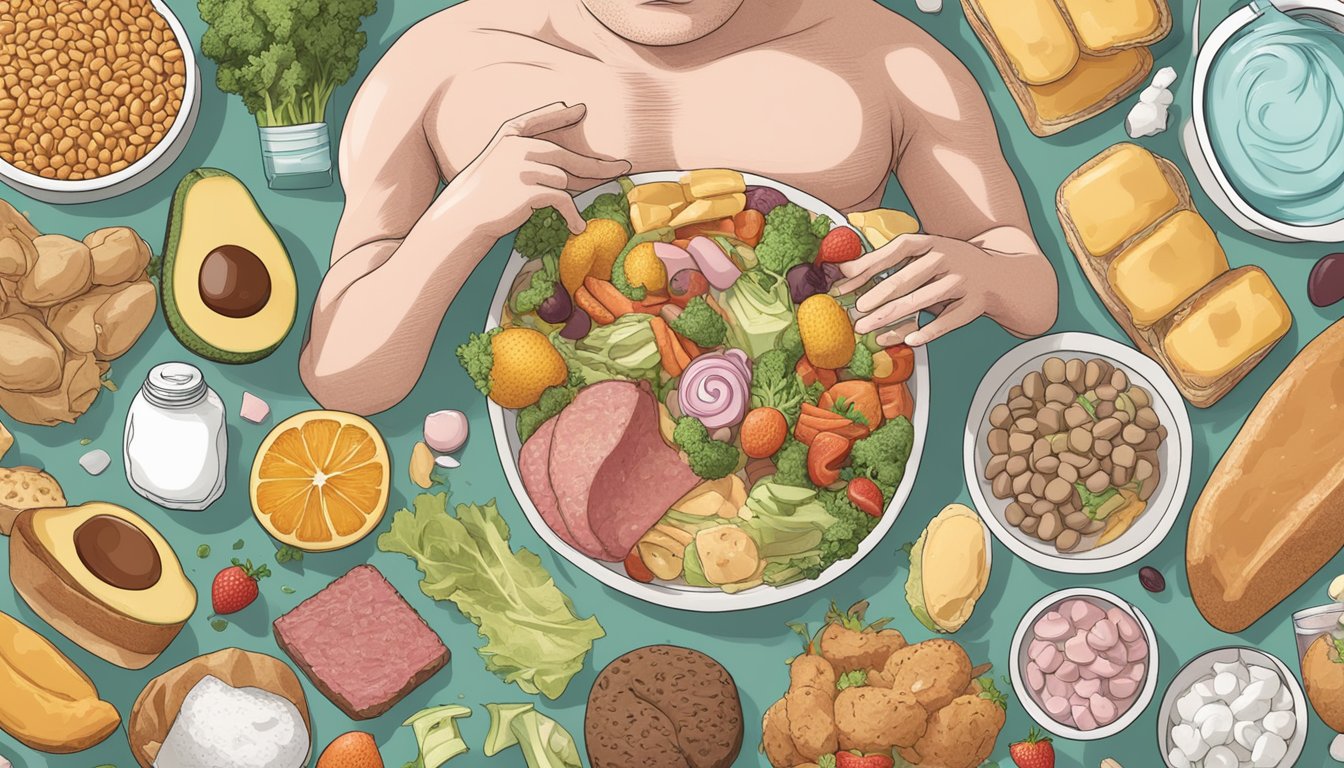 A person following a keto diet with a distressed stomach, surrounded by images of high-fat foods and ulcer medication