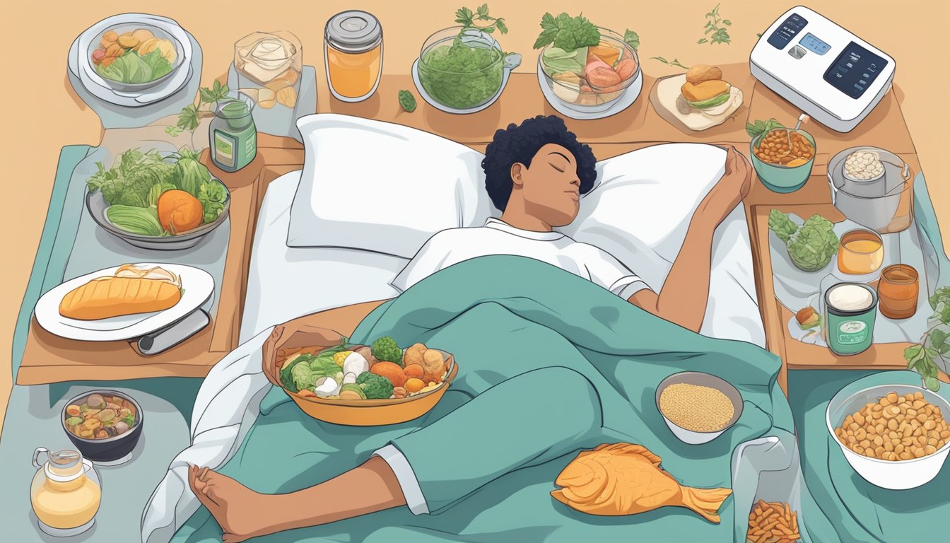 A person sleeping peacefully in bed, surrounded by keto-friendly foods and a CPAP machine