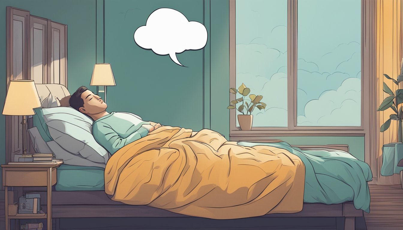 A person sleeping peacefully in bed, with a thought bubble above their head showing a silhouette of a slimmer body