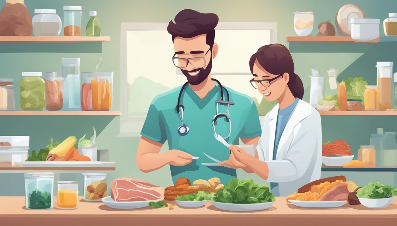 A table with a variety of keto-friendly foods such as lean meats, leafy greens, nuts, and dairy alternatives. A dentist examining a tooth with a cavity in the background