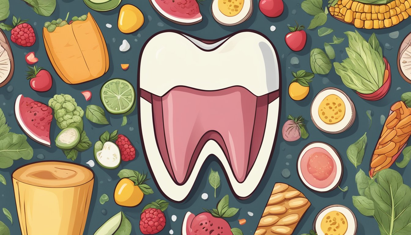 A tooth with a cavity surrounded by low-carb, high-fat keto-friendly foods