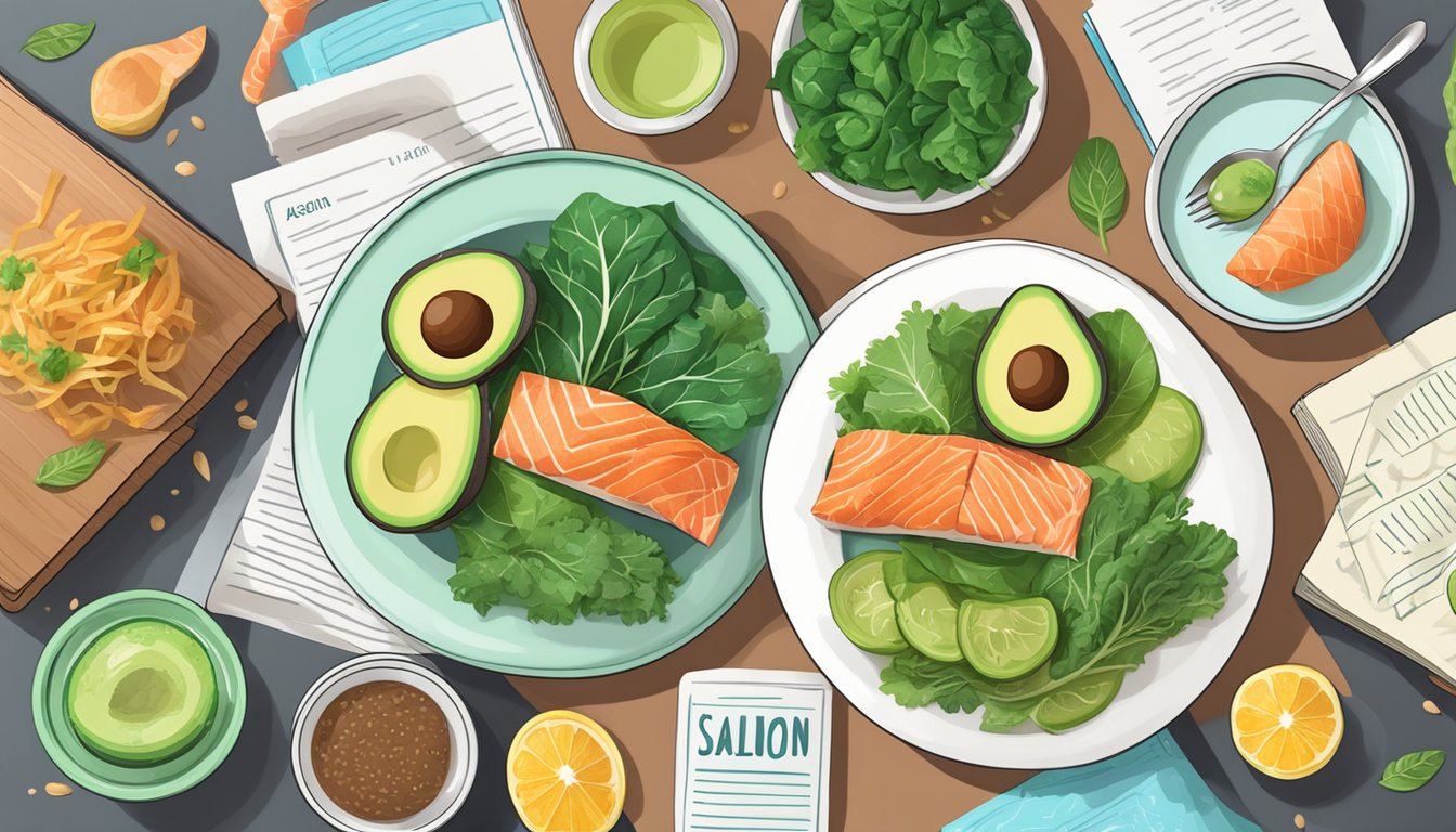 A colorful plate of low-carb, high-fat foods like avocados, salmon, and leafy greens, surrounded by informational books on the keto diet and scleroderma