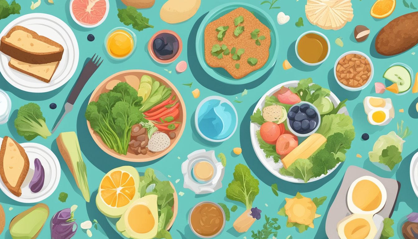 A colorful plate of keto-friendly foods surrounded by medical symbols and a personified representation of scleroderma