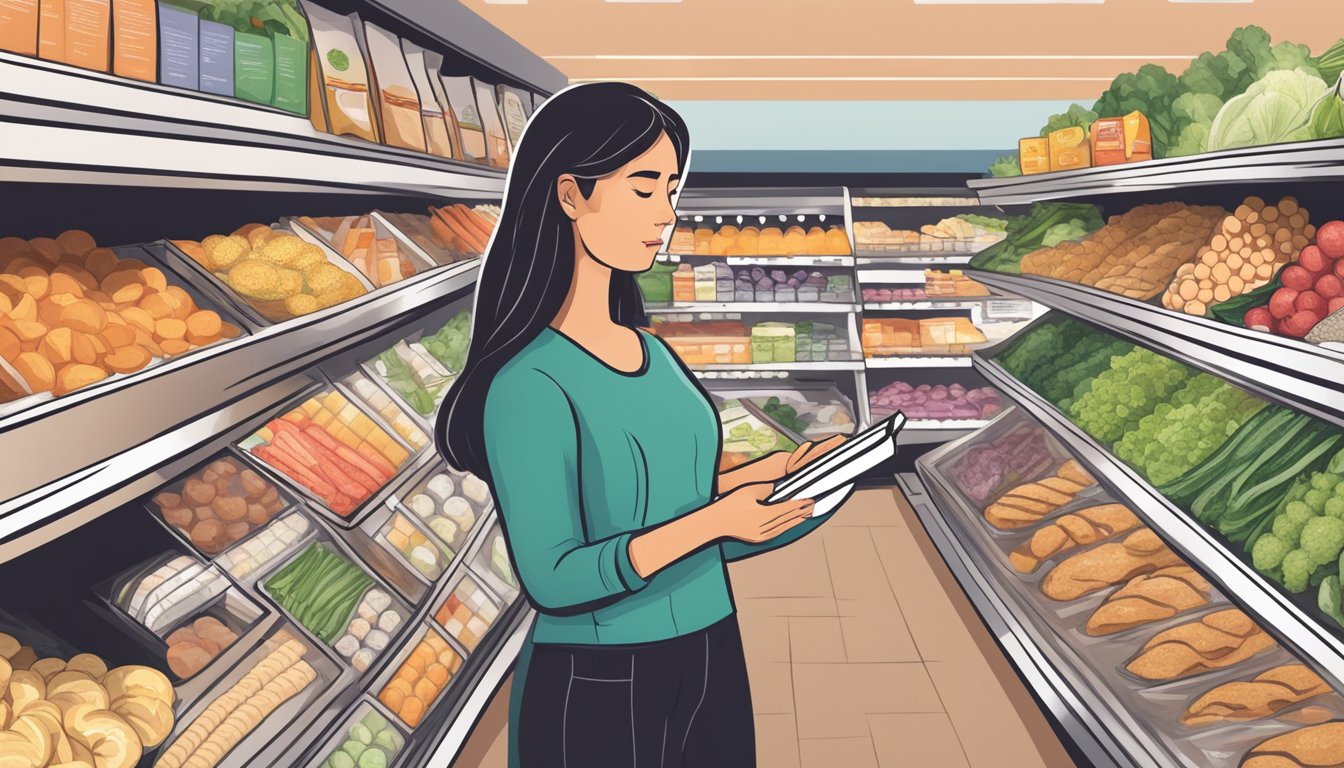 A person with scleroderma carefully selecting keto-friendly foods at a grocery store, with a list in hand and a nutritionist's guidance