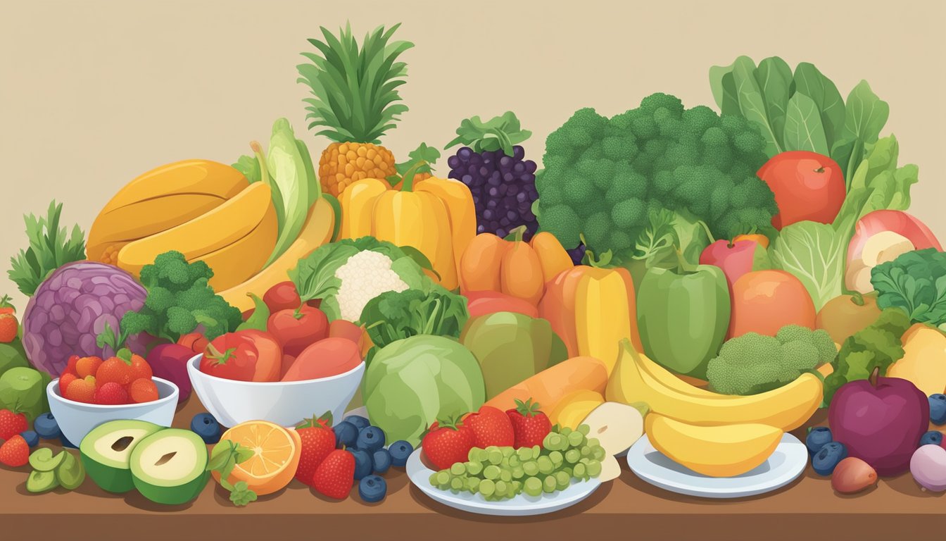 A colorful array of fruits, vegetables, whole grains, and lean proteins arranged on a table, with a pamphlet on the benefits of a balanced diet