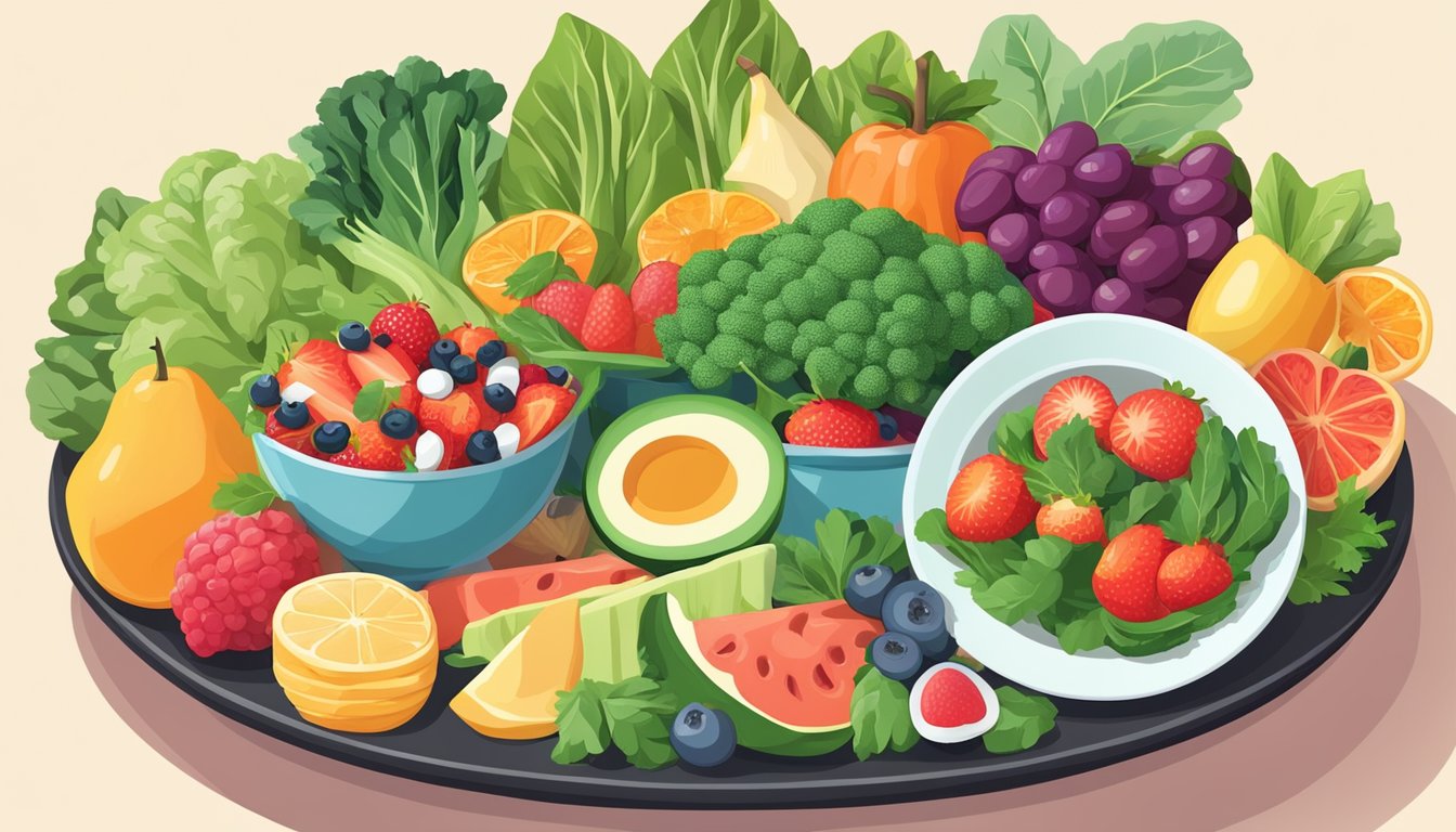 A colorful plate of keto-friendly foods with a focus on leafy greens, lean proteins, and healthy fats, surrounded by a variety of fresh fruits and vegetables